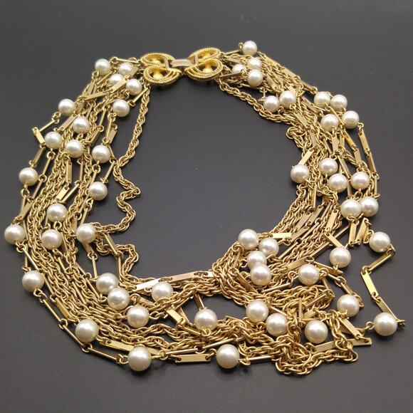Vintage 1960s Faux Pearl Ten Strand Gold Tone Necklace - Picture 9 of 10